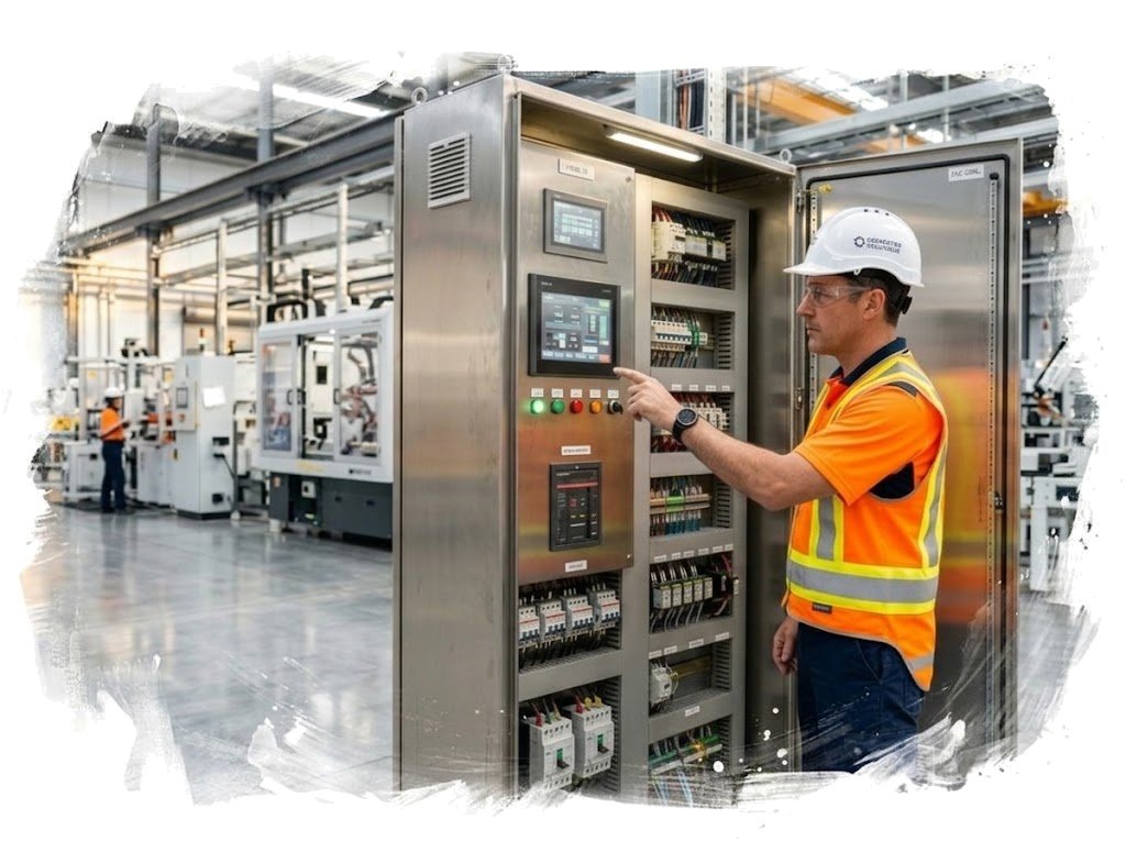 Engenheiro e técnico eletricista realizando inspeção e manutenção em painel industrial